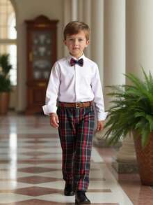 SHEIN 2 Stücke Gentleman Outfit für Kleine Jungen, weiß Langarm Hemd mit Knöpfen und burgunderrote karierte Anzughose, elegante Fliege, modischer Gentleman Stil, geeignet für Geburtstagsfeiern, formelle Anlässe, Hochzeiten, Taufen, Schulanfang, Halloween, Weihnachten - Verschiedenfarbig - Übersicht 6