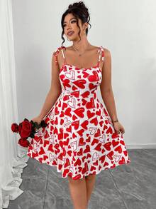 Elenzga 大码女式爱心印花吊带迷你连衣裙，浪漫情人节蝴蝶结装饰，A字喇叭裙摆，优雅派对/海滩/度假性感短裙，粉色 - 紅白色 - 查看 6