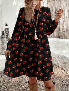 EMERY ROSE Váy suông cổ tròn họa tiết hoa nhỏ gọn, đơn giản, thoải mái, cỡ lớn, phù hợp cho mùa thu/đông - Nhiều màu - Xem 4