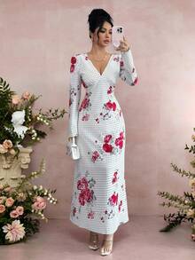 Rafferiza Women's Long Polka Dot Floral Print V-Neck Waist Cinched Dress - White - View 7