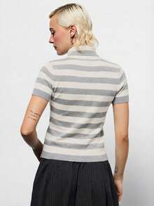 COUREZ High Neck Short Sleeve Stripe Knit Top /Y2K Spring Going Out Tops Black Top Sexy Going Out Cue Tops Festival - Grey - View 5
