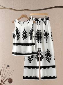 Breezaya 大码女式斑马纹复古建筑印花无袖休闲度假两件套 - 彩色 - 查看 5