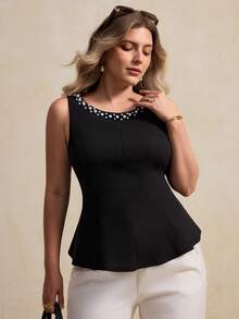 Elegantrix Plus Size Women's Spring/Summer Bubble Bead Decor Waist Ruffle Hem Elegant Blouse - Black - View 1