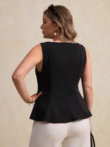 Elegantrix Plus Size Women's Spring/Summer Bubble Bead Decor Waist Ruffle Hem Elegant Blouse - Black - View 2