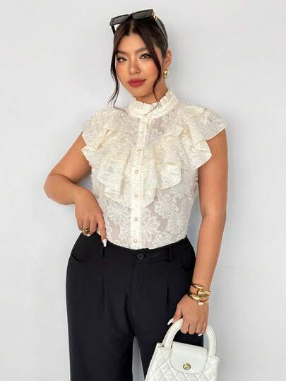 Firerie Plus Size Solid Color Stand Collar Ruffle Front Button Vintage Elegant Blouse