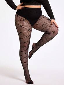 SHEIN CURVE+ CURVE PLUS /情人节/加大码女士爱心网纱透视打底裤，适合夜间外出、郊游、音乐节、情人节约会 - 黑色 - 查看 5