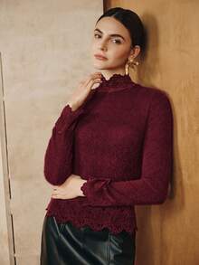 Anewsta Elegante top de mujer de ajuste ceñido, sexy y de estilo de fiesta, con parches de encaje, para otoño/invierno - Rojo violeta - Ver 4