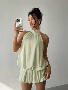 Aloruh Women's Simple Solid Color Halter Backless Bubble Hem Mini Dress, Summer - Green - View 7