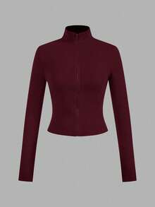 SHEIN EZwear 两件装酒红色和藏蓝色针织拉链长袖T恤，女士款，春/秋/冬 - 彩色 - 查看 4