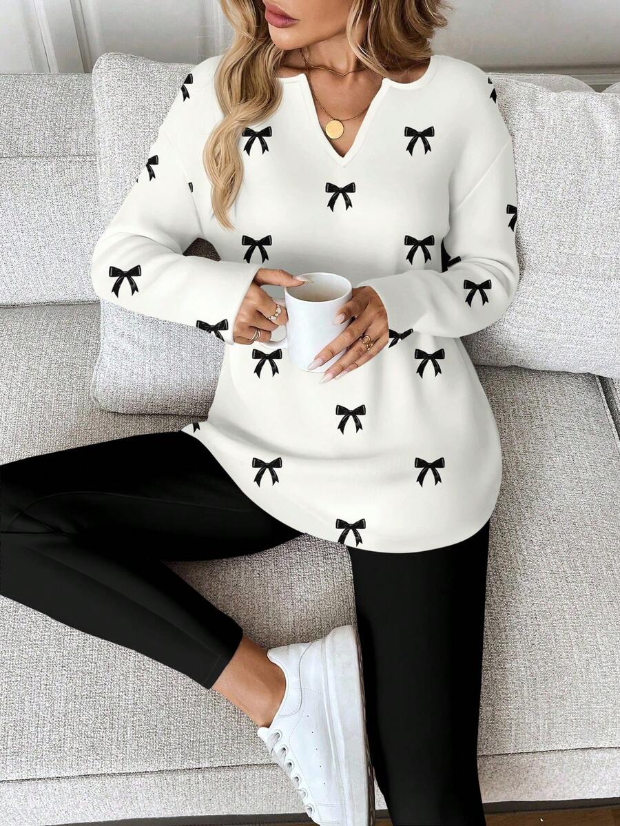 SHEIN LUNE 女士蝴蝶结撞色长袖T恤和打底裤两件套，秋冬季休闲装 - 彩色 - 查看 1