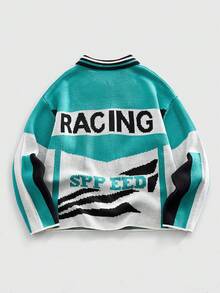 ROMWE MEN Spring Casual Graphic Men'S Zip-Up Cardigan With Racing Style Knit - Multicolor - View 2