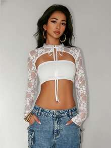 Jeanoix Women's Lace Fabric Sexy Daring Avant-Garde Blouse - White - View 5