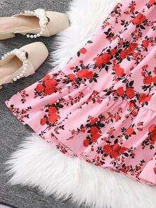 SHEIN Sparklyn Váy 1 mảnh mùa hè thanh lịch và ngọt ngào dành cho bé gái tuổi teen, họa tiết hoa màu hồng hở vai, có chi tiết nơ 3D, tay bồng, tay ngắn, dáng dài vừa phải, định hình vòng eo, hoàn hảo cho các bữa tiệc trong vườn, trang phục hàng ngày, mua sắm, v.v. - Đỏ - Xem 4