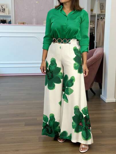 Selamara Women Boho Green Woven Fabric Blouse With Collar Long Sleeve And White Pants Set With Plants Pattern Two Piece Outfit