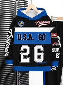 2pcs Tween Boy Casual Minimalist Sporty Chic Racing Culture, Racing Car Print, Number 26 Graphic Print Loose Fit Pullover Hoodie Set, Suitable For Autumn/Winter