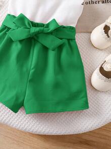SHEIN Bộ áo hai dây màu trắng dễ thương và quần short cạp chun cho bé gái, mùa hè - màu xanh lá - Xem 4