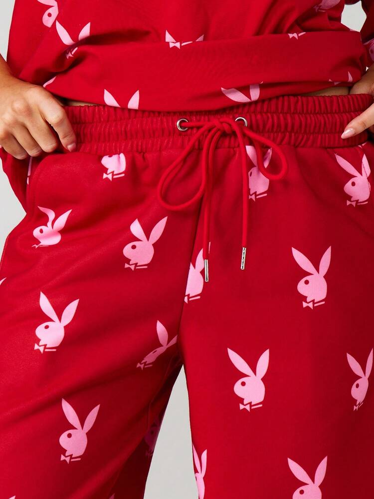 Missguided x Playboy Spodnie z nadrukiem w króliczki, szerokie nogawki, ściągacz w pasie, wygodne, codzienne, do noszenia zimą, jesienią, w domu i podczas relaksu