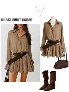 Cévolie Women's Khaki Long Sleeve Shirt Dress