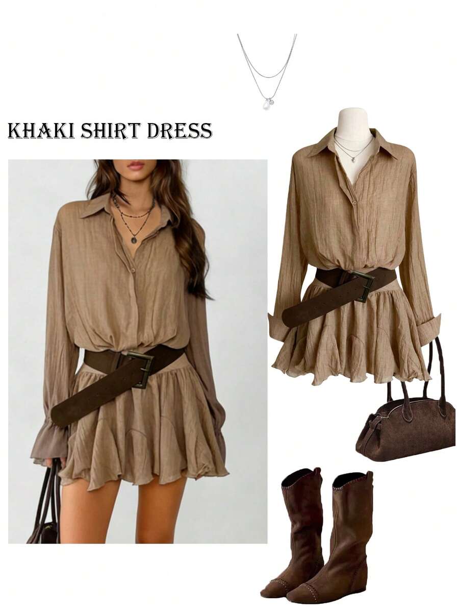 Cévolie Women's Khaki Long Sleeve Shirt Dress