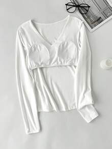 SHEIN EZwear 两件套女士深V领加垫紧身休闲长袖T恤套头衫，适合秋冬季穿着 - 彩色 - 查看 4