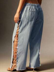 Denimoi 水钻链条开衩中腰阔腿牛仔裤 - 淺色水洗藍 - 查看 6