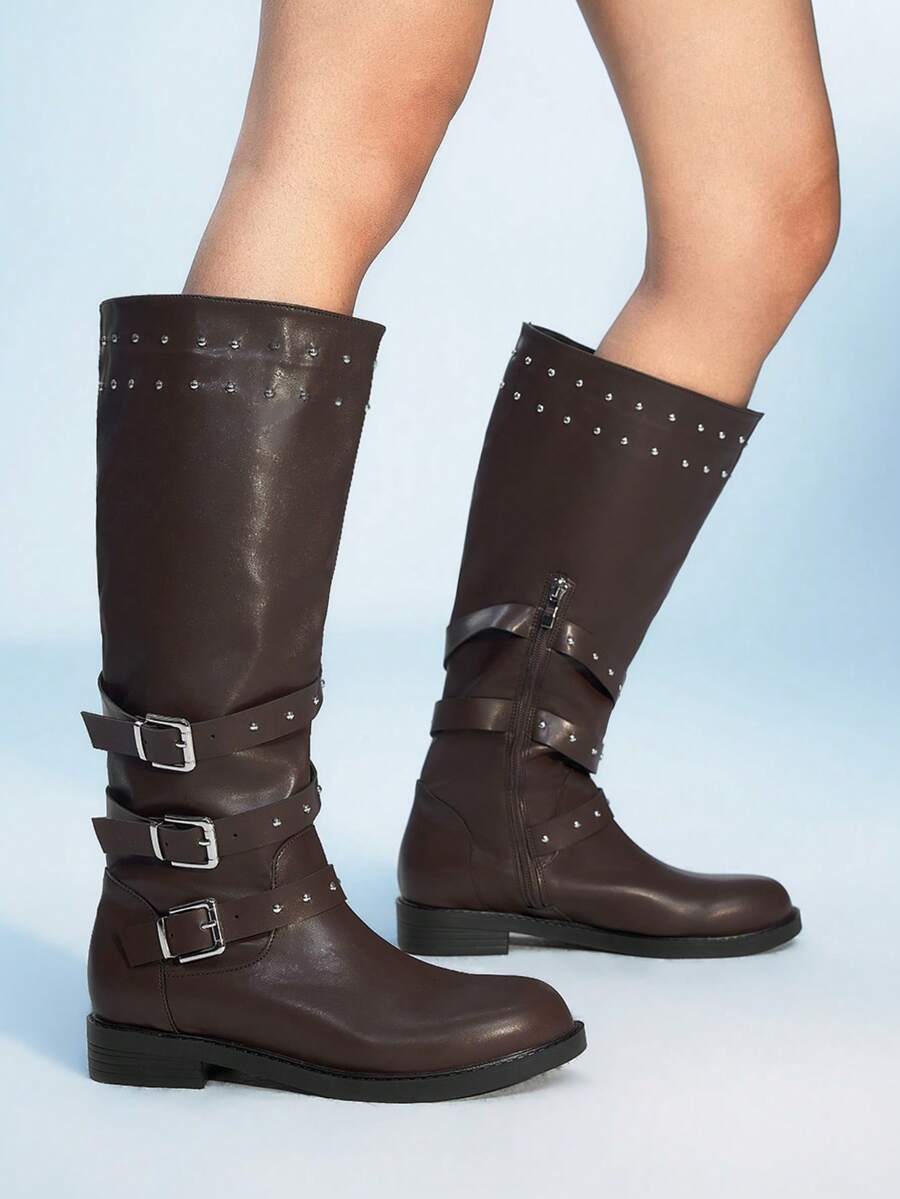 Sugerpunk Giày bốt nữ cao đến giữa bắp chân, chất liệu da PU, có khóa kéo và đinh tán, kiểu dáng thường ngày, đa năng. - màu nâu - Xem 1