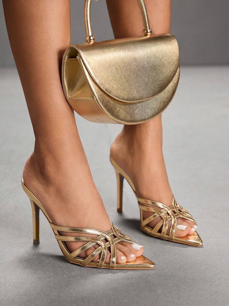 CUCCOO SZL Women's Solid Color Fashion Pointed Toe Versatile Heeled Sandals, Summer For Christmas Valentine's Day Spring Shoes Prom Heels - Gold - View 1