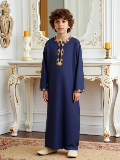 Vacaura 1pc Navy Blue Long Shirt For Tween Boy, Round Neck, Zipper Front, Straight Fit, Elegant Gold Embroidery Design, Casual Everyday Wear, Spring/Autumn, Fashionable & Versatile, Relaxed & Comfortable, Retro Elements, Classic Style, High-End, & Elongating, Commute Essential, Item, Personalized Design, Exquisite Details