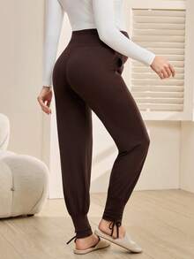 SHEIN Solid Color Maternity Casual Long Pleated Ankle-Tied Leggings - Brown - View 2