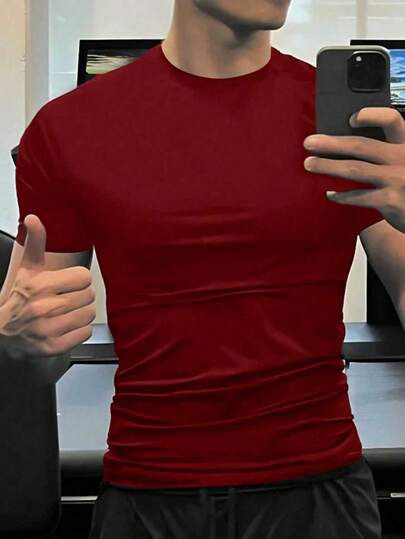 SHEIN Manfinity Dauomo Herr T-shirt med smal passform, enkel, enfärgad, kortärmad, casual, sommar, pendling