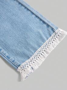 SHEIN ChillGRL Girls' Distressed Blue Butterfly Embroidery Print Straight Leg Jeans Denim Set For Teenagers Girls - Light Wash - View 4