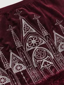 ROMWE Vintage Gothic Castle Cross Embroidered Velvet Bodycon Fluffy Mini Skirt - Burgundy - View 2