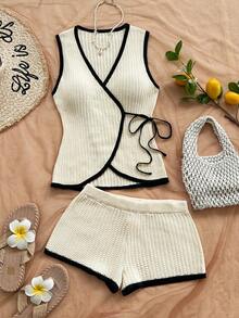 Soleia Set de 2 piezas: Suéter con contraste de color y cintura con lazo, incluye chaleco con cintura con lazo y shorts, adecuado para uso diario, playa, vacaciones - Blanco y Negro - Ver 5