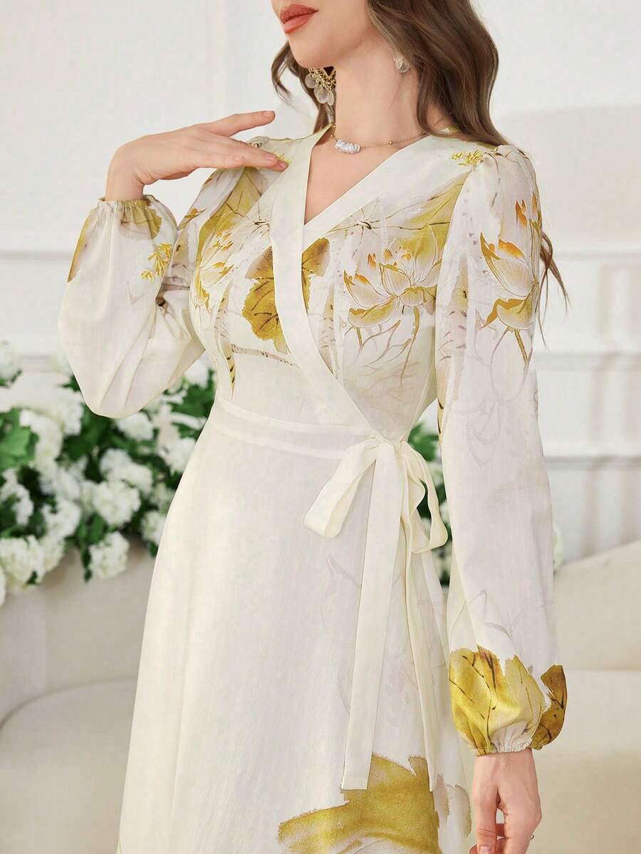 Modelyn 女士复古优雅灯笼袖裹身裙 - 黃色 - 查看 1