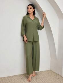 Ocili Women Soft Viscose & Cotton Blend Collared Mid-Sleeve 3/4 Pants Pajama Set With Shell Buttons, Comfortable Homewear, Chic Autumn - Green - View 7