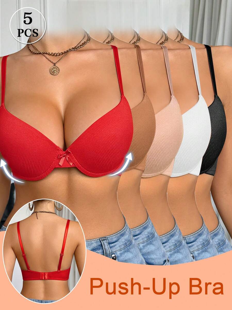 DesireSculpt 5pcs/Pack Women's Solid Color Ribbed Underwear, Basic Casual Bras - Multicolor - View 1