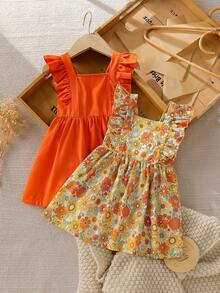 SHEIN Vintaside Kids 2件套女婴休闲纯粉色碎花无袖连衣裙，适合户外玩耍或居家穿着。 - 橘色 - 查看 5