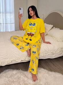 SpongeBob SquarePants | SHEIN Plus Size Cartoon Graphic Drop Shoulder Oversize Top & Pants Pajama Set - Yellow - View 5