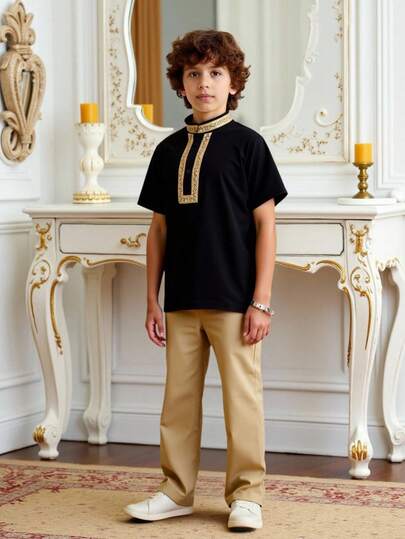 Vacaura 2pcs Boy's Summer New Casual Sports Suit, Black Mandarin Collar Short Sleeve Top Paired With Khaki Long Pants, Simple & Elegant Embroidery Decor, Loose Fit, Comfortable & Versatile For Daily Wear