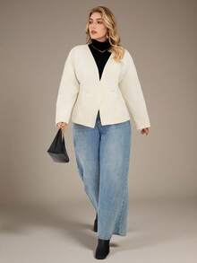 Auralis Plus Size White Elegant Office V-Neck Wrap Waist A-Line Coat,French Casual Long-Sleeved Sophisticated Commuter Western Wear Korean Fashion Fall/Winter - Apricot - View 8