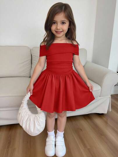 Elegant Casual Off Shoulder Patchwork Lantern Hem Fitted Dress, Suitable For Back To School, Weddings, Parties And Various Occasions Red Dress Little Girls Girls Party Dress Little Girl Dresses Off Shoulder Dress Kids Red Dresses