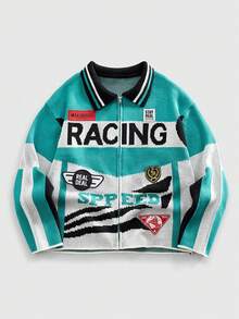 ROMWE MEN Spring Casual Graphic Men'S Zip-Up Cardigan With Racing Style Knit - Multicolor - View 1