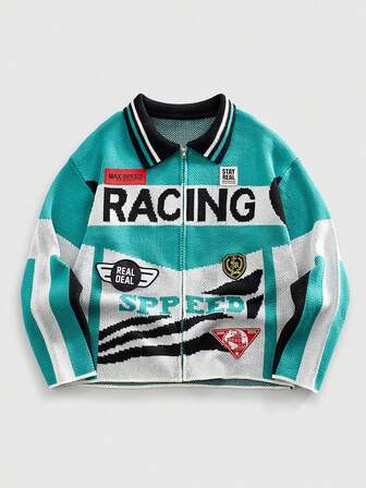 Men's Zip-Up Cardigan With Racing Style Knit