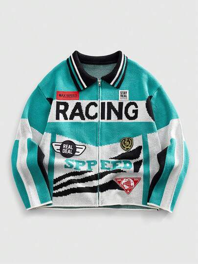 Men's Zip-Up Cardigan With Racing Style Knit