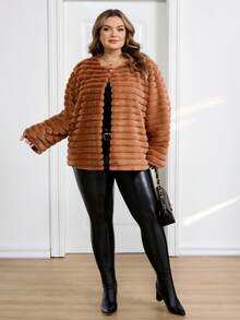 SHEIN CURVE+ Damen Große Größen Einfarbige Langarm Locker Sitzende Elegante Kunstpelz Jacke - Braun - Übersicht 8