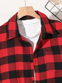 青少年男士绅士格子领长袖衬衫，百搭时尚休闲衬衫，适合商务、学校、聚会、日常穿着 - 紅色 - 查看 4