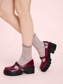 CUCCOO DOLLMOD Damen Schnallen Design Lässig Plateau Keilabsatz Schuhe - Bordeaux - Übersicht 4