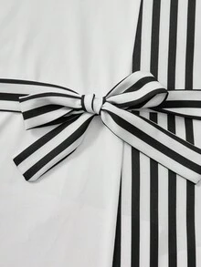 Tween Girl Striped Print Asymmetrical Hem Dress - Black and White - View 6