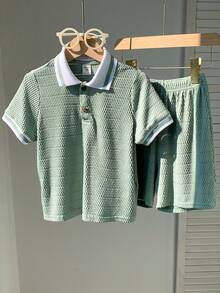 SHEIN 2件套儿童男童休闲可爱百搭高弹舒适针织短裤套装，豌豆绿，适合上学、花园、海滩、生日、春夏穿着。 - 綠色 - 查看 3