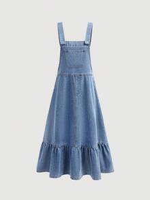 SHEIN 少女时尚休闲 Y2K 复古酷炫街头吊带舒适无弹蓝色可调节宽松牛仔连衣裙，适合少女日常穿着、春夏派对、节日和街头服饰。 - 藍色 - 查看 6